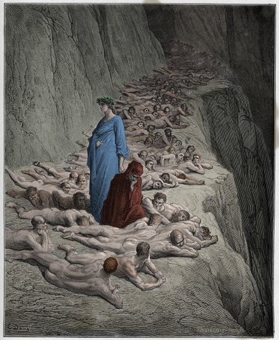 Purgatorio, Canto 19: The souls of the avaricious: Adrian V speaks to Dante (illustration from The Divine Comedy) by Gustave after Dore